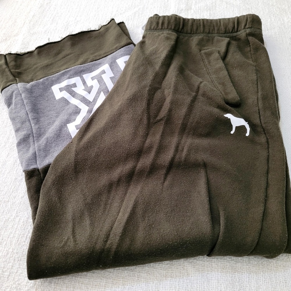 Pink Victoria's Secret Sweatpants Olive Green Gray Colorblock Raw Hem Large